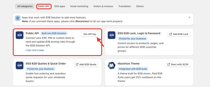 Public API tab in Integrations