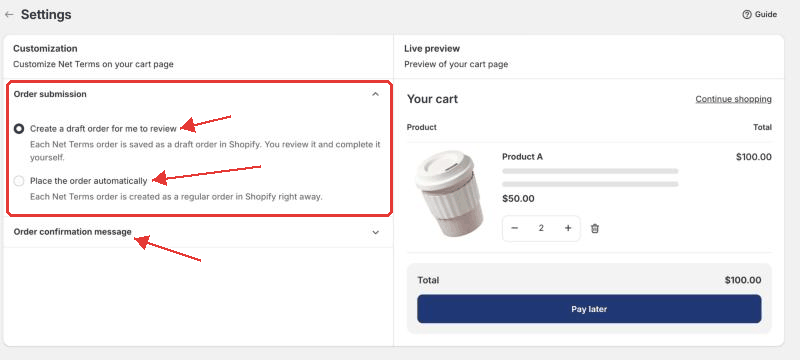 Net Terms settings