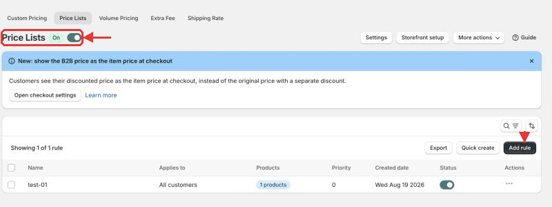 Price Lists rule list with the module switch