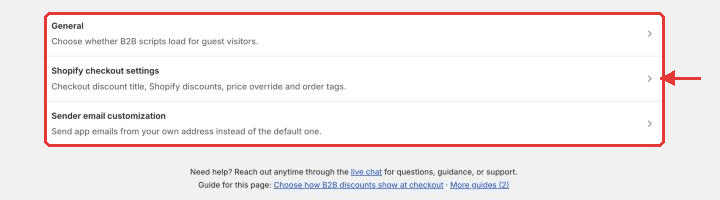 Settings page with General, Shopify checkout settings and Sender email customization