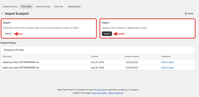 Import/Export page