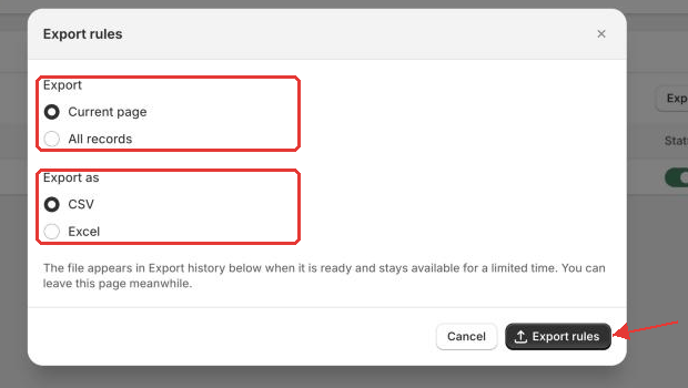 Export rules window opened from the rules list