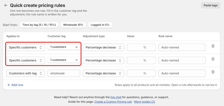 Quick create pricing rules