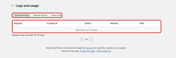 Public API request history