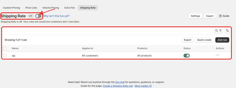 Shipping Rate rule list