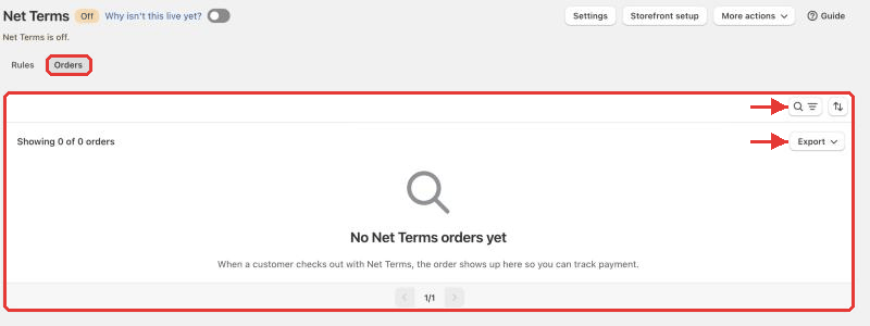 Net Terms Orders tab